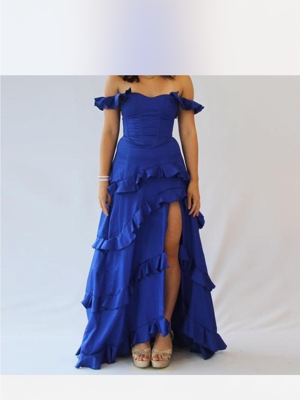 Off-Shoulder Ruffled High-Slit Royal Blue Maxi Dress
